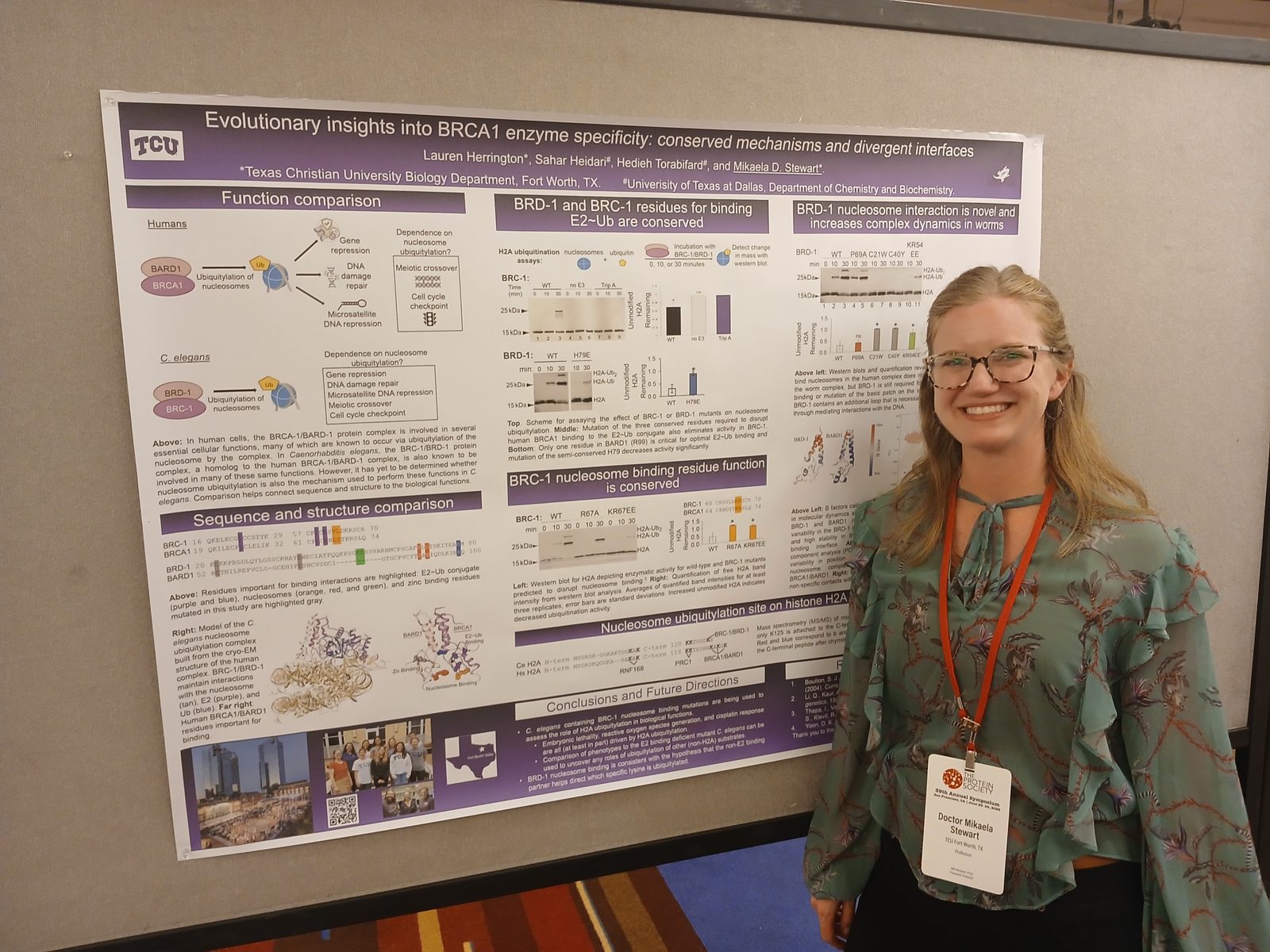 Dr. Stewart beside her BRCA1 enzyme-specificity poster at the Protein Society symposium