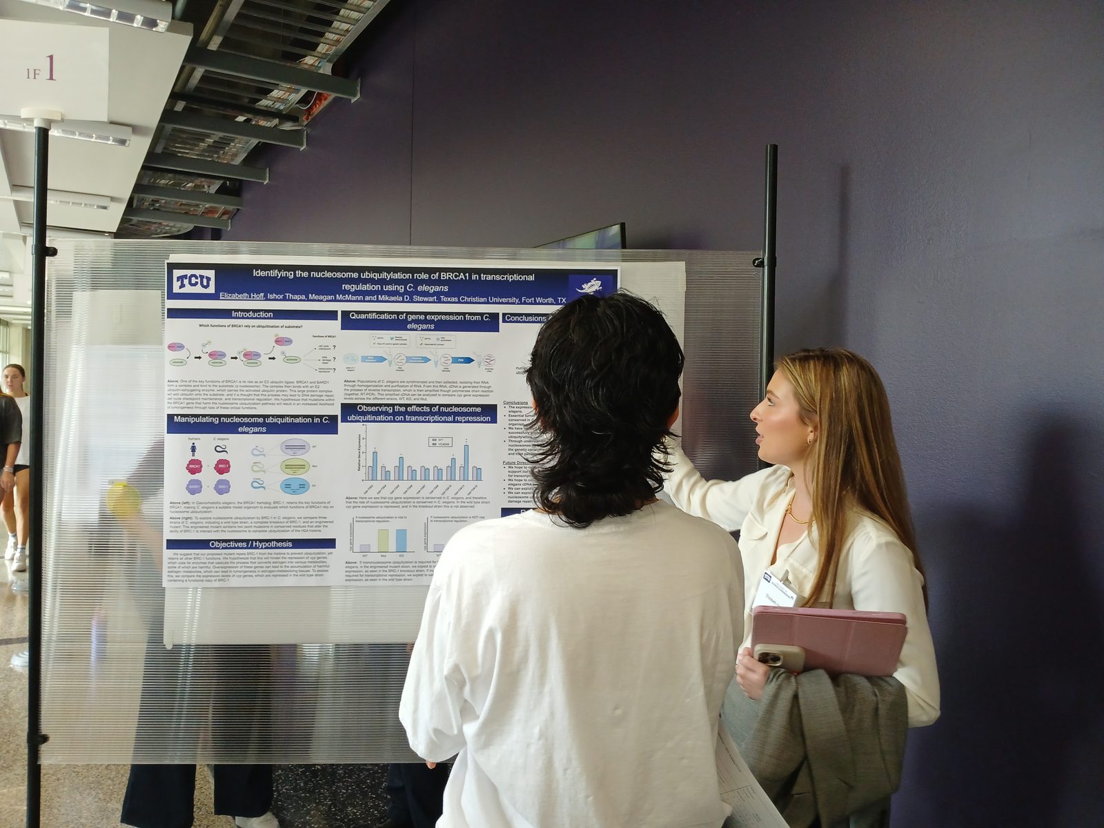 A student explaining a research poster to a visitor